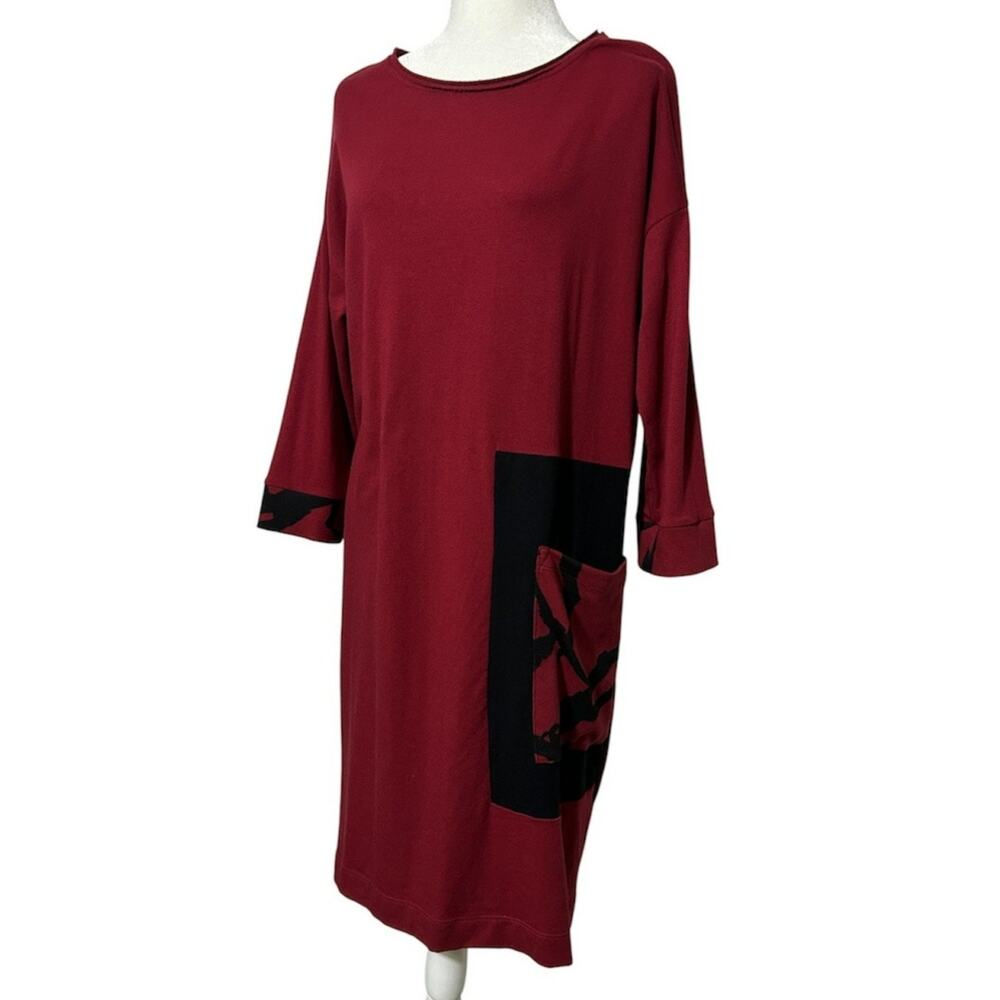 Chalet Tarian 3/4 Sleeve Tunic Dress Women Size M Burgundy Black Lagenlook Artsy